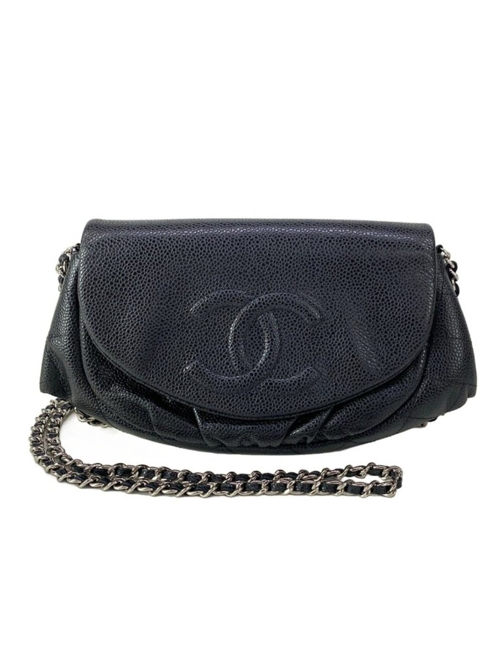 Chanel Wallet Half Moon Black Chain Shoulder Silver CC Logo
